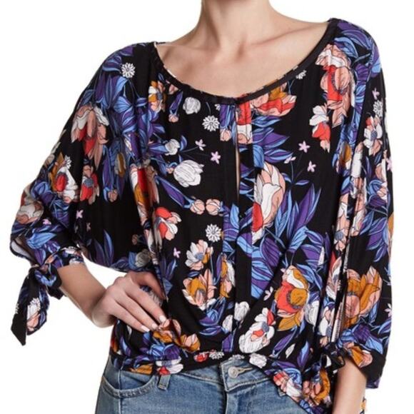 Free People Keepin On Top Womens Size XS Black Multicolor Floral Oversized Boho - Picture 1 of 13